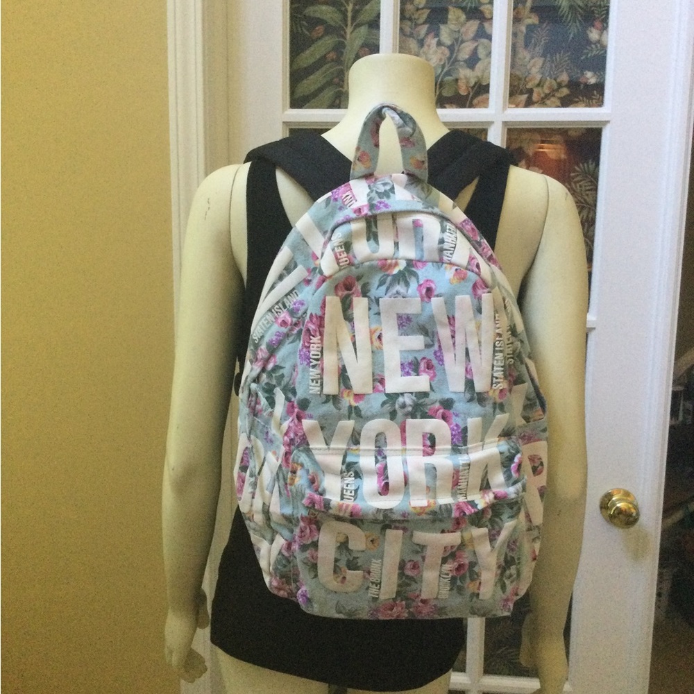 Robin Ruth womens New York City graphic large backpack Lt Blue w/ Pink roses